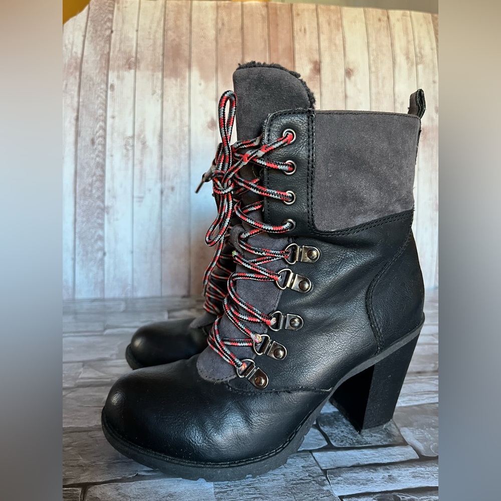 Report Women’s Faux Leather Fur Lined Lace Up Black Heel Boots IRYNA Sz 6 grunge